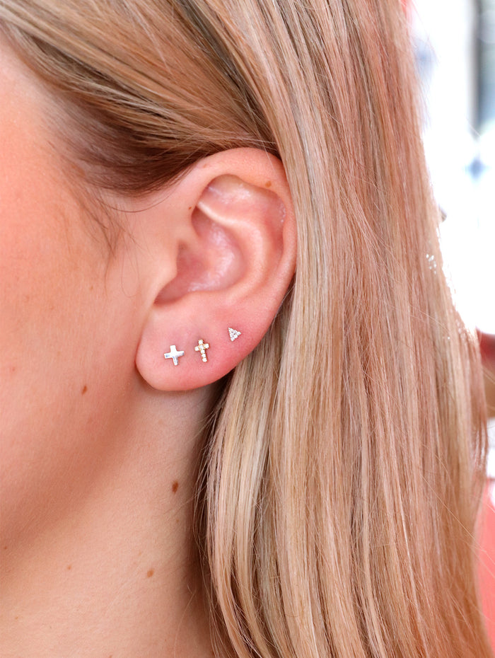 Tiny Pavé Triangle Motif White Gold Single Stud Earring
