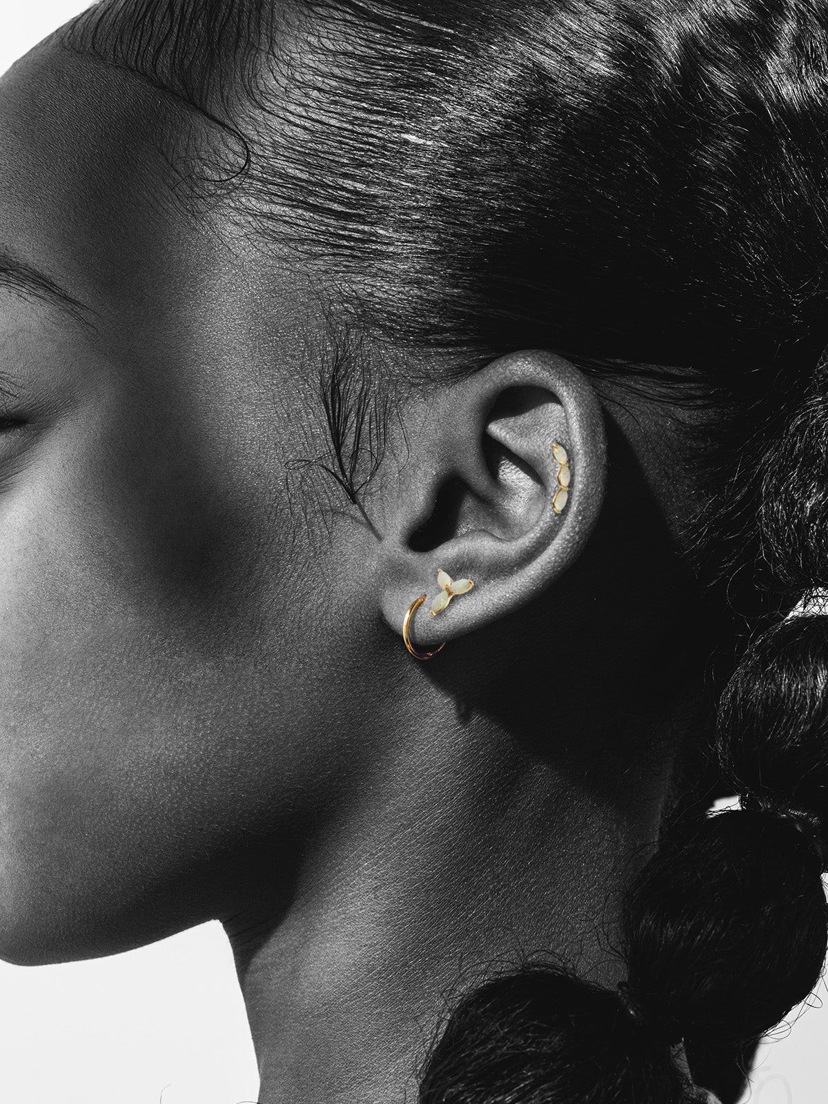 Three Opal Marquise Curve Yellow Gold Stud