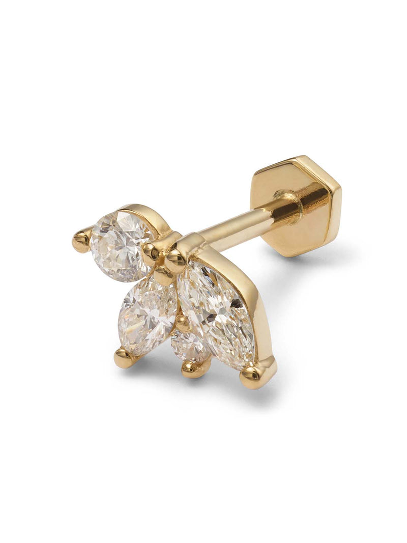 Four Round and Marquise Diamond Cluster Yellow Gold Threadless Single Stud Earring