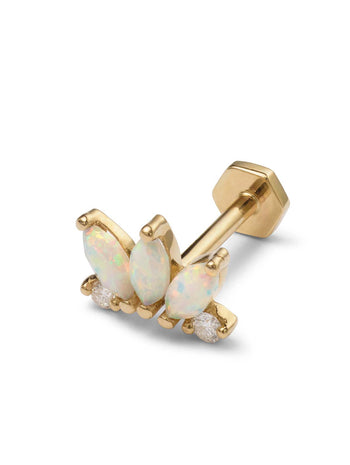 Opal Marquise and Round Diamond Curve Yellow Gold Single Stud