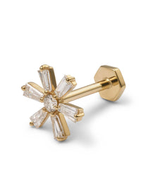 Baguette and Round Diamond Flower Yellow Gold Single Stud