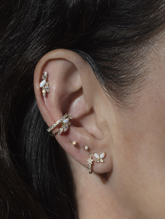Long Opal and Diamond Cluster Yellow Gold Stud