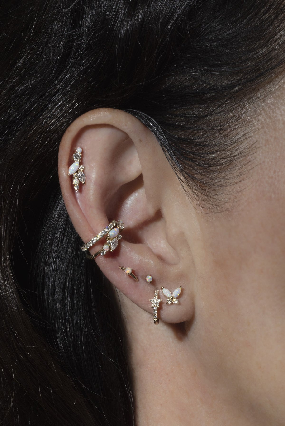 Long Opal and Diamond Cluster Yellow Gold Stud