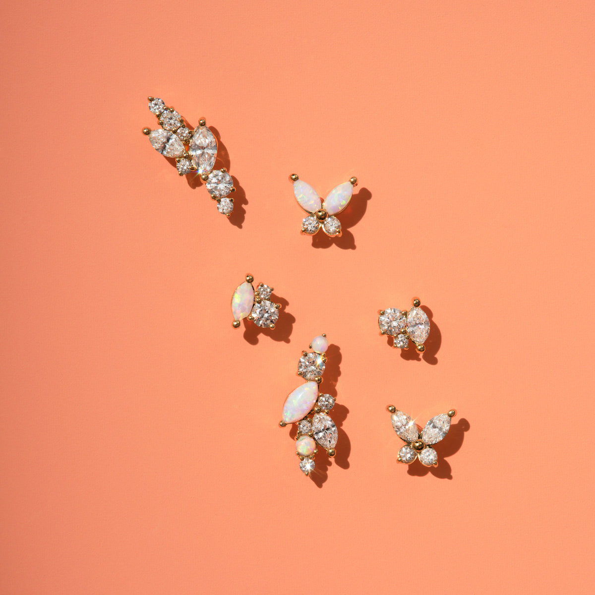 Long Diamond Cluster Yellow Gold Stud