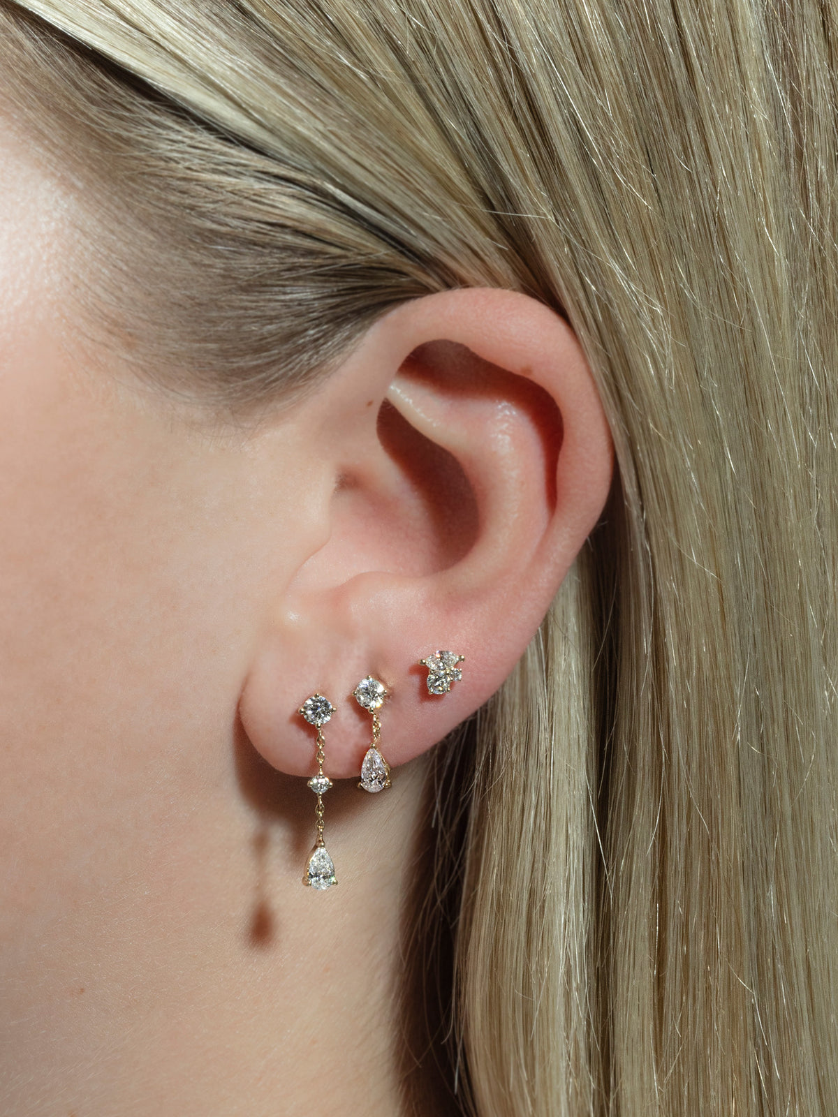 Round and Pear Diamond Drop Yellow Gold Single Earring