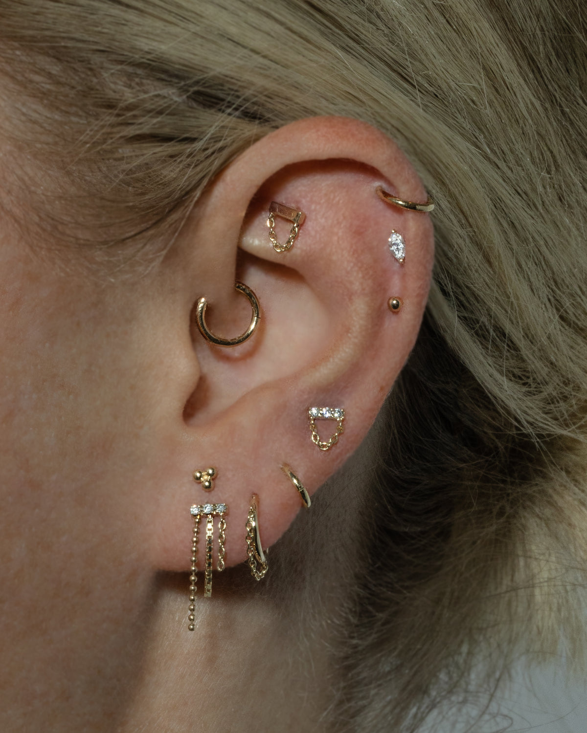 3 Diamond Bar with Chain Drape Yellow Gold Single Threadless Stud