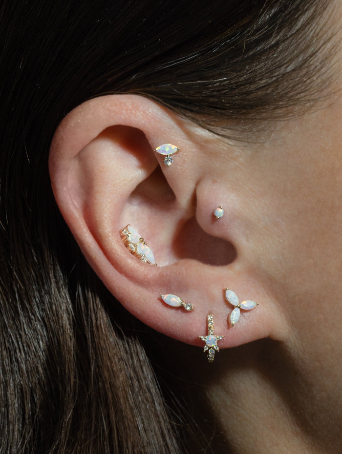 Horizontal Marquise Opal and Round Diamond Yellow Gold Stud