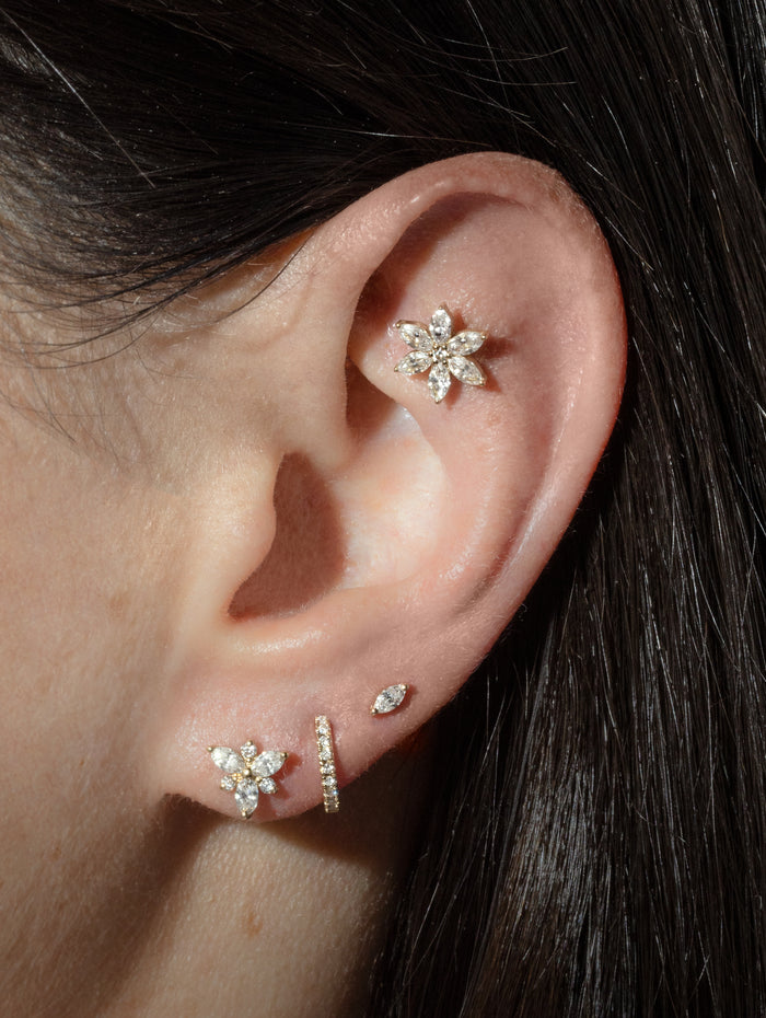 Diamond Round and Marquise Flower Yellow Gold Stud