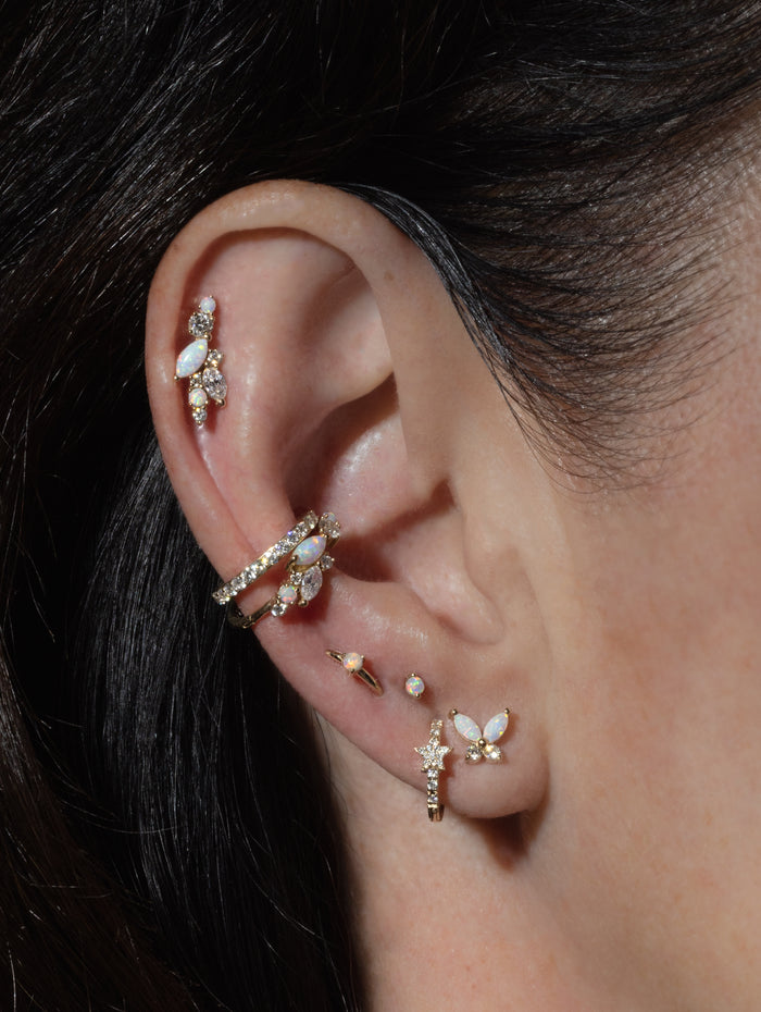 11mm Opal and Diamond Cluster Yellow Gold Single Hoop Earring